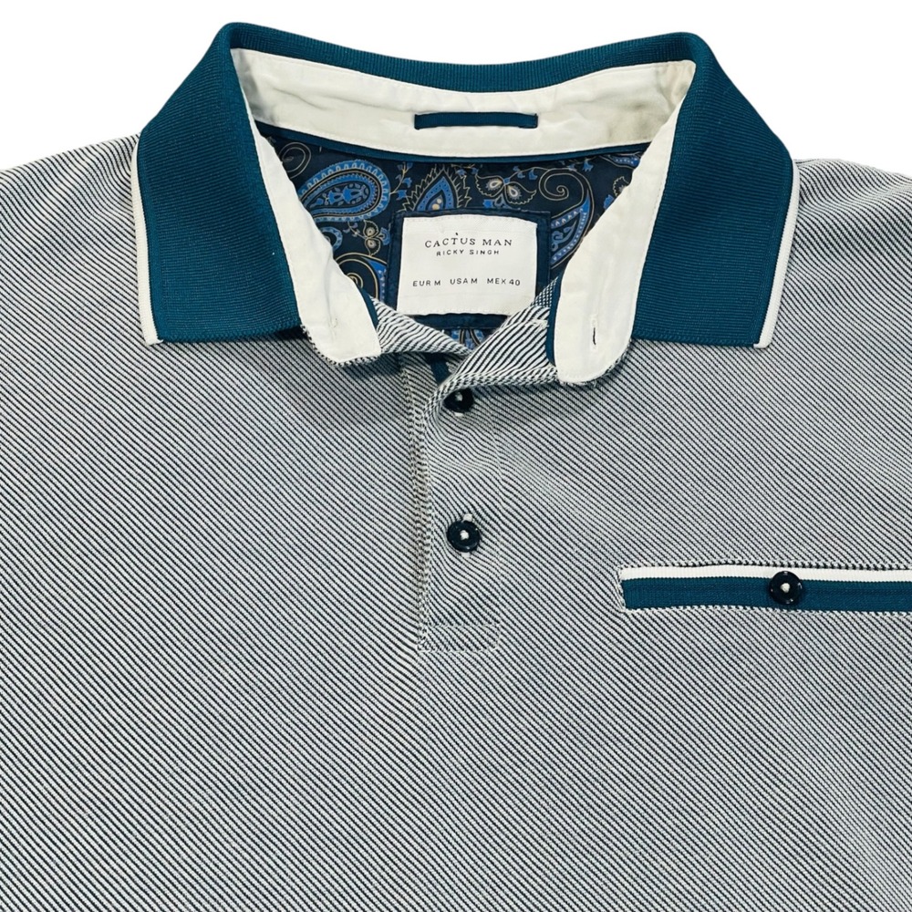 Cactus Man Ricky Singh Mens Medium Blue White Striped Modal Blend Polo Shirt